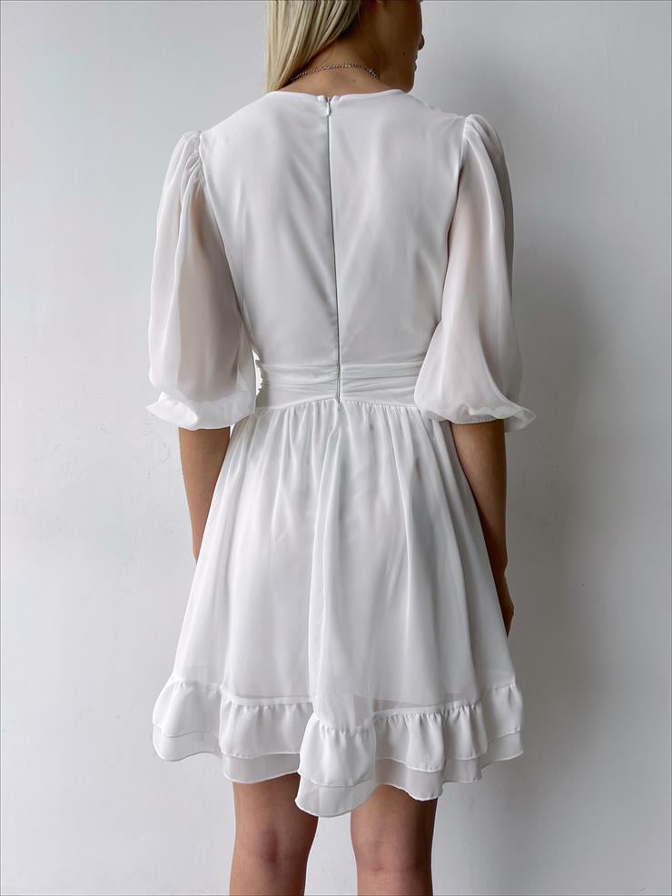 V Yaka Belden Oturmalı Tül Kol Lucıus Kadın Beyaz Mini Elbise 23Y000262