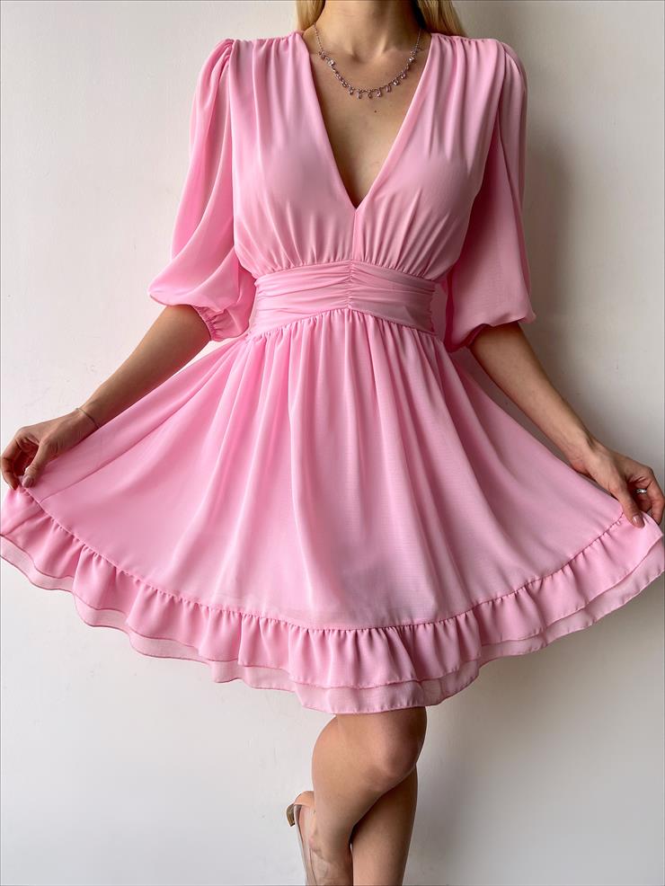 V Yaka Belden Oturmalı Tül Kol Lucıus Kadın Pembe Mini Elbise 23Y000262