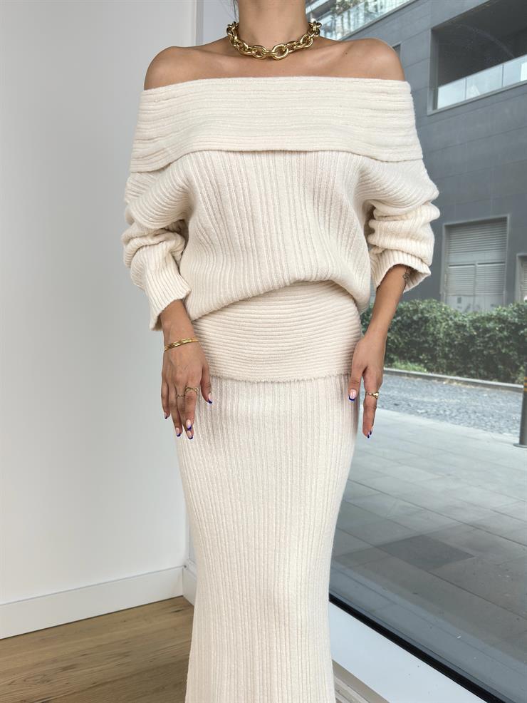 Madonna Yaka Kazak Yüksek Bel Uzun Etek Luis Kadın Krem Triko Takım 25K155