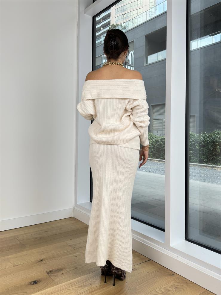 Madonna Yaka Kazak Yüksek Bel Uzun Etek Luis Kadın Krem Triko Takım 25K155