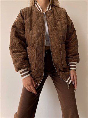 Kapitone Önden Cepli Kadife Luisa Kadın Kahverengi Ceket 22K000263