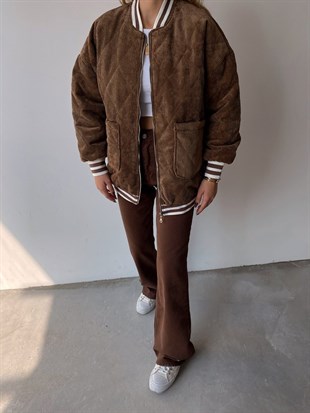 Kapitone Önden Cepli Kadife Luisa Kadın Kahverengi Ceket 22K000263