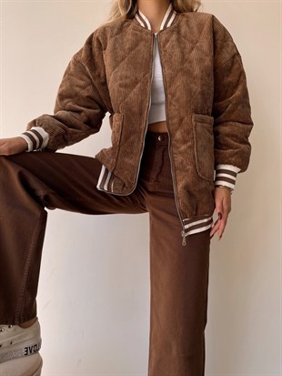 Kapitone Önden Cepli Kadife Luisa Kadın Kahverengi Ceket 22K000263