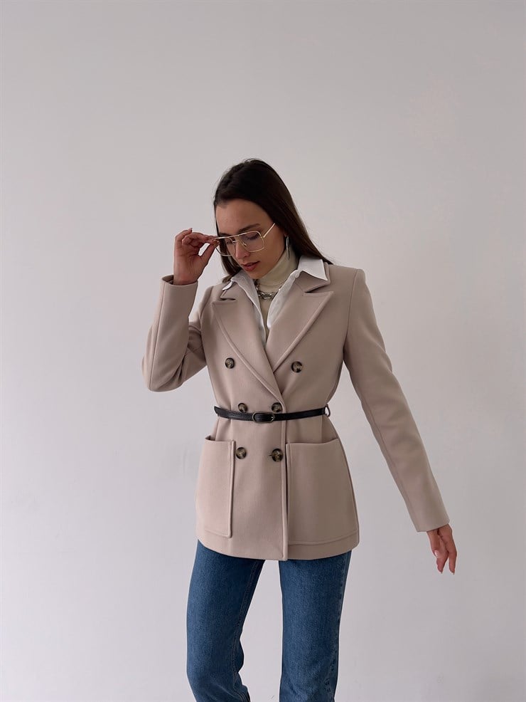 Kruvaze Yaka Yanları Cepli Önden Düğme Kapamalı Luiz Kadın Taş Ceket 23K000273