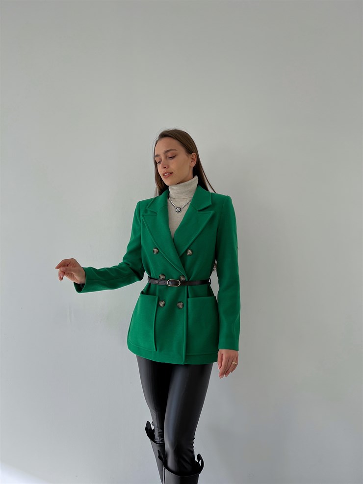 Kruvaze Yaka Yanları Cepli Önden Düğme Kapamalı Luiz Kadın Zümrüt Ceket 23K000273