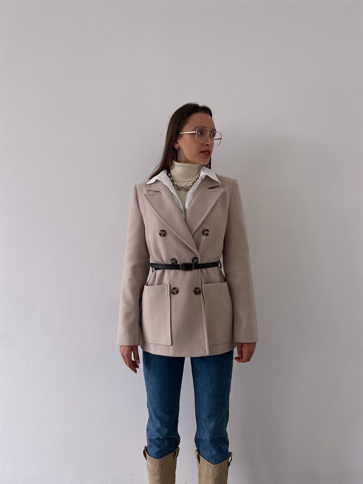 Kruvaze Yaka Yanları Cepli Önden Düğme Kapamalı Luiz Kadın Taş Ceket 23K000273