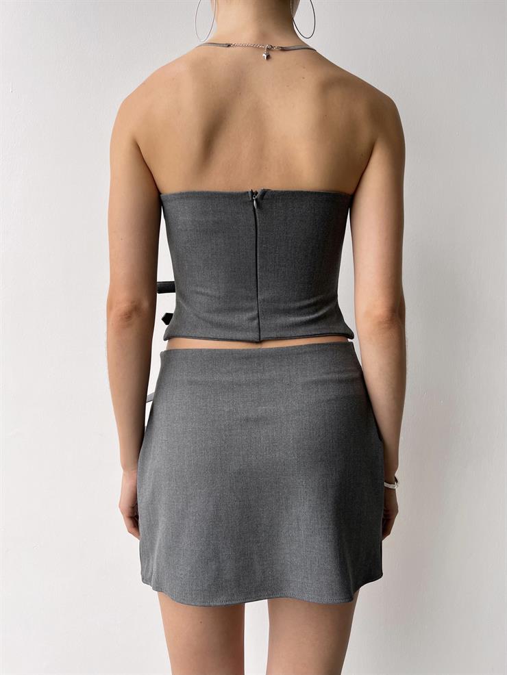 Straplez Aksesuar Detaylı Crop Kruvaze Mini Etek Luiza Kadın Gri İkili Takım 23Y000470