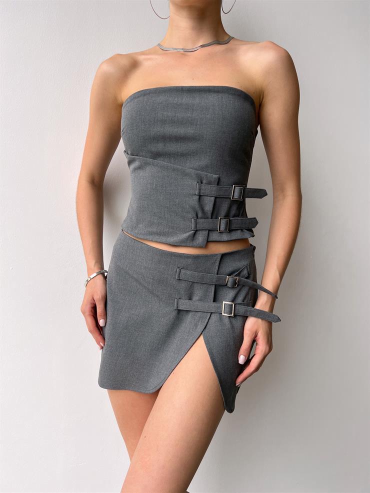 Straplez Aksesuar Detaylı Crop Kruvaze Mini Etek Luiza Kadın Gri İkili Takım 23Y000470