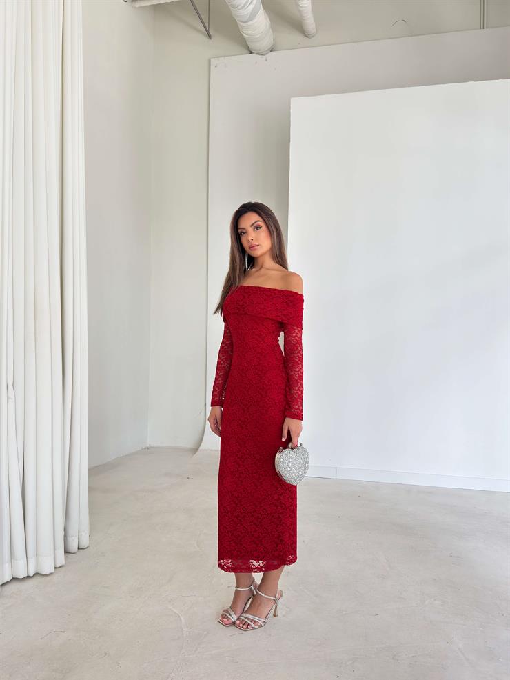 Madonna Yaka Dantelli Luke Kırmızı Kadın Elbise 26K284