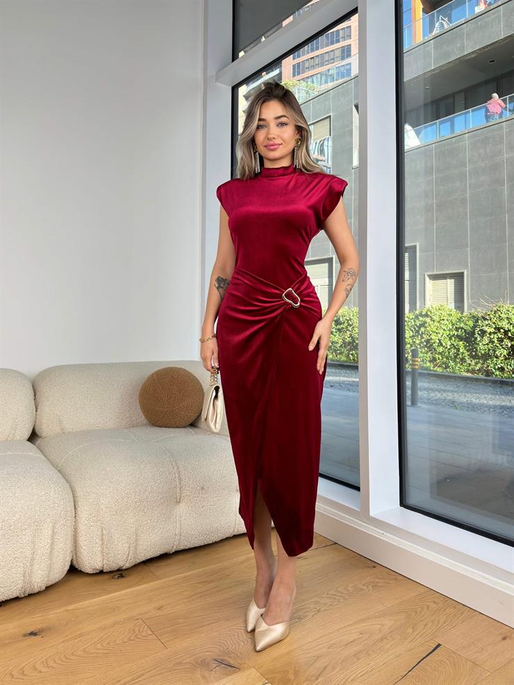 Yarım Boğazlı Kolsuz Eteği Kruvaze Kadife Lukeny Bordo Kadın Elbise 25K392