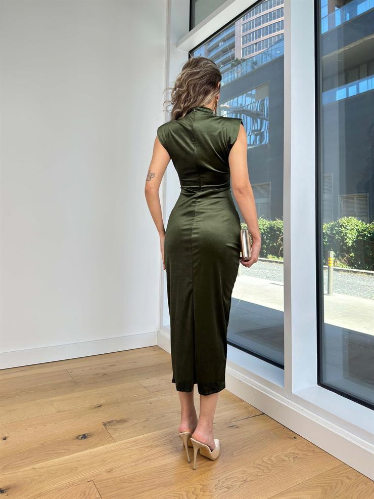 Yarım Boğazlı Kolsuz Eteği Kruvaze Kadife Lukeny Haki Kadın Elbise 25K392