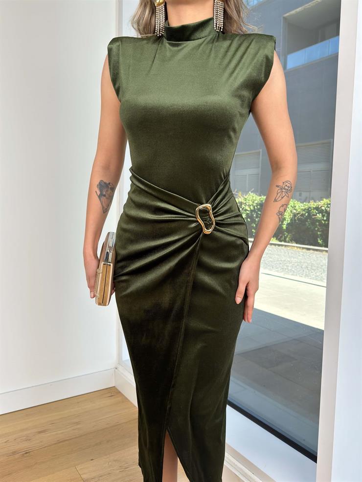 Yarım Boğazlı Kolsuz Eteği Kruvaze Kadife Lukeny Haki Kadın Elbise 25K392