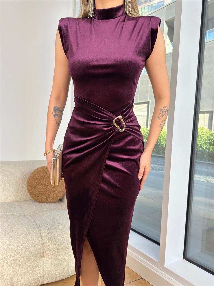 Yarım Boğazlı Kolsuz Eteği Kruvaze Kadife Lukeny Mor Kadın Elbise 25K392