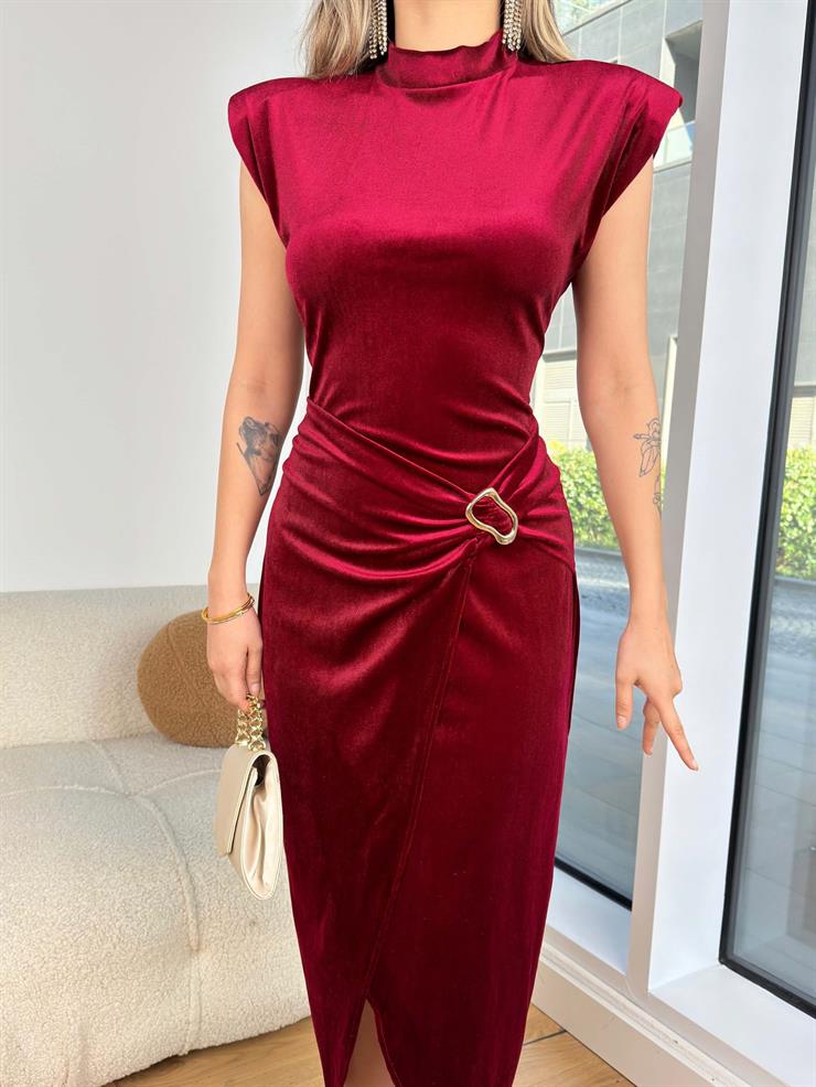 Yarım Boğazlı Kolsuz Eteği Kruvaze Kadife Lukeny Bordo Kadın Elbise 25K392