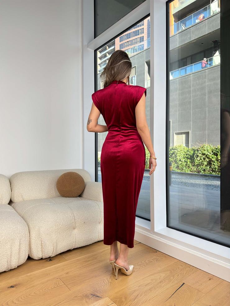 Yarım Boğazlı Kolsuz Eteği Kruvaze Kadife Lukeny Bordo Kadın Elbise 25K392