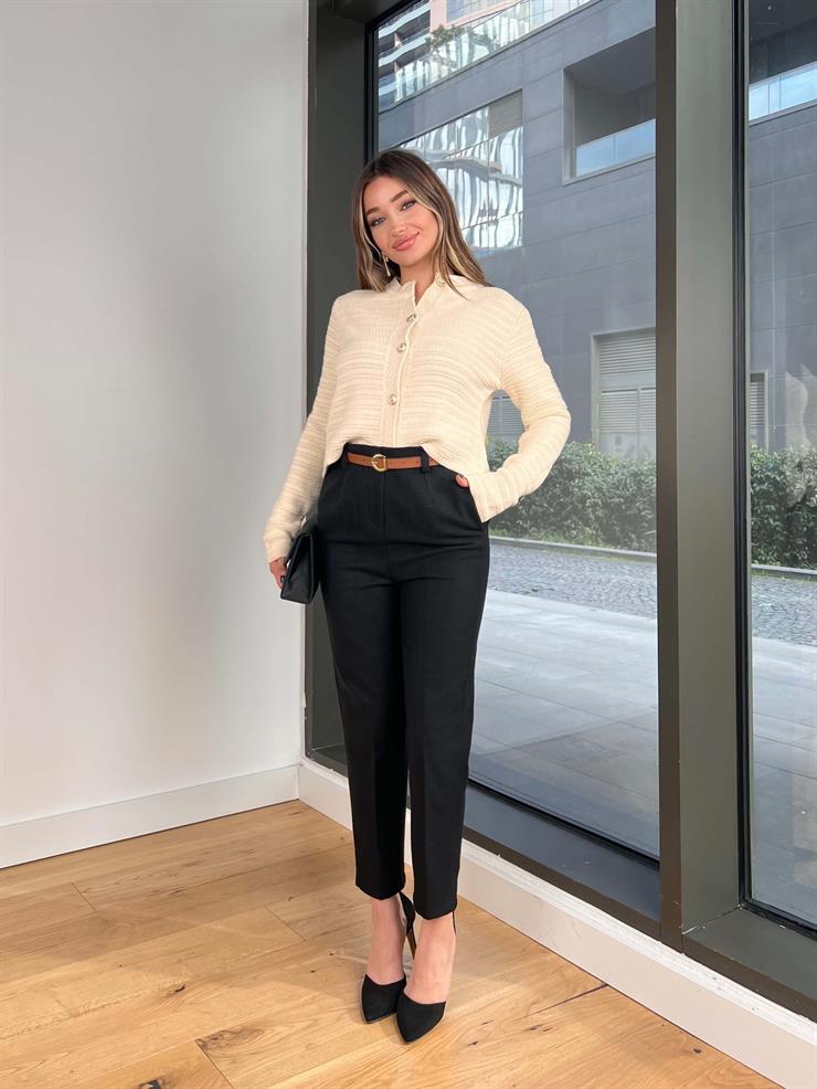 Beli Kemerli Pens Detaylı Lumina Siyah Kadın Pantolon 25Y049