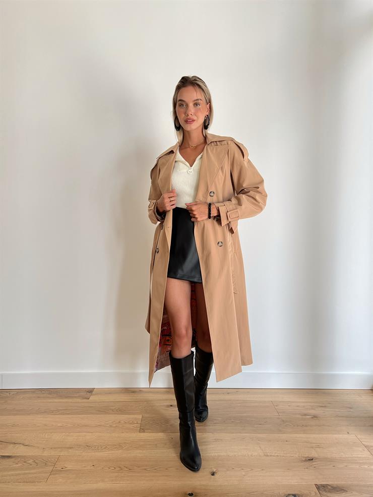 Beli Kemerli Oversize Lunıs Kadın Camel Trençkot 24k000058