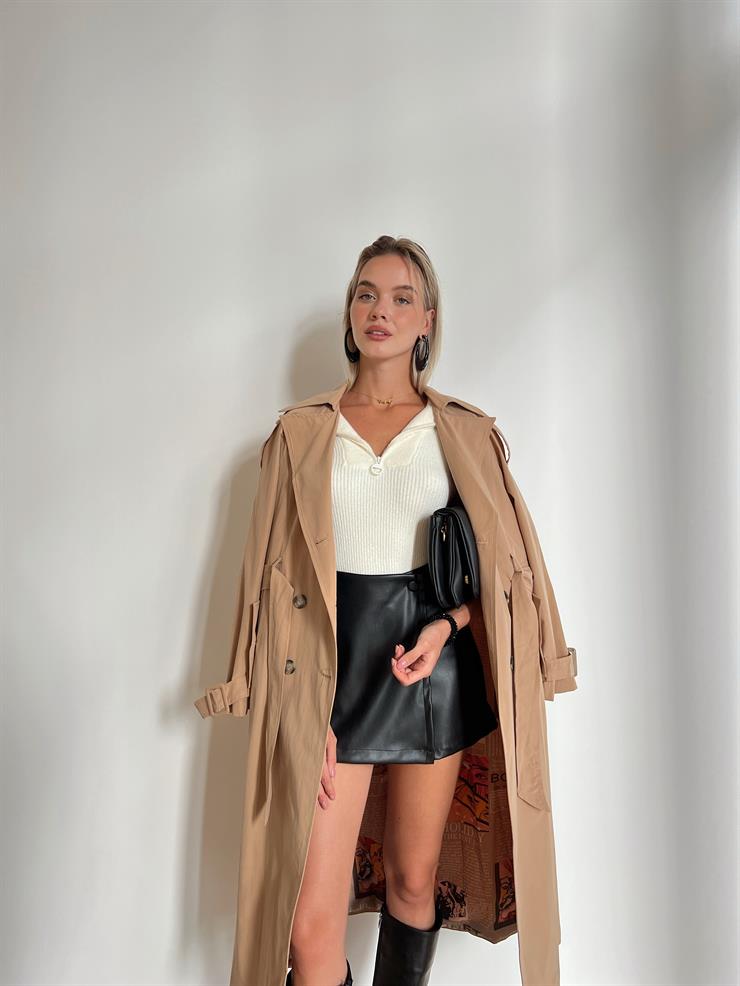 Beli Kemerli Oversize Lunıs Kadın Camel Trençkot 24k000058