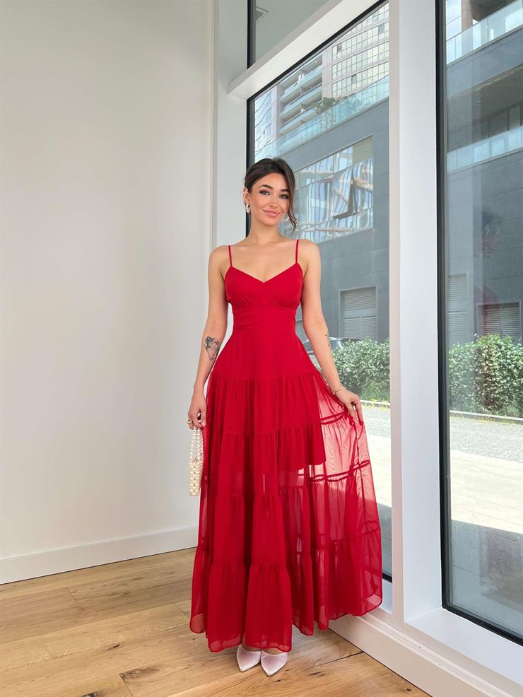 Ayarlanabilir Askılı V Yaka Eteği Tül Lura Kadın Kırmızı Elbise 24Y602
