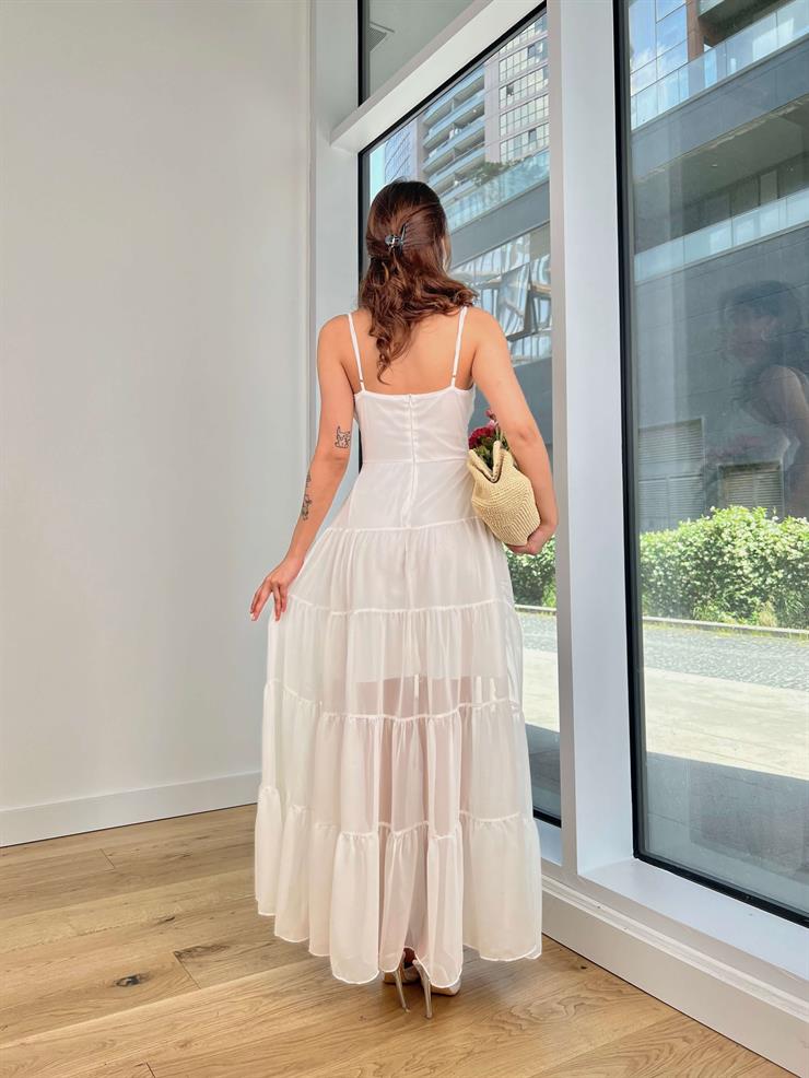 Ayarlanabilir Askılı V Yaka Eteği Tül Lura Kadın Beyaz Elbise 24Y602