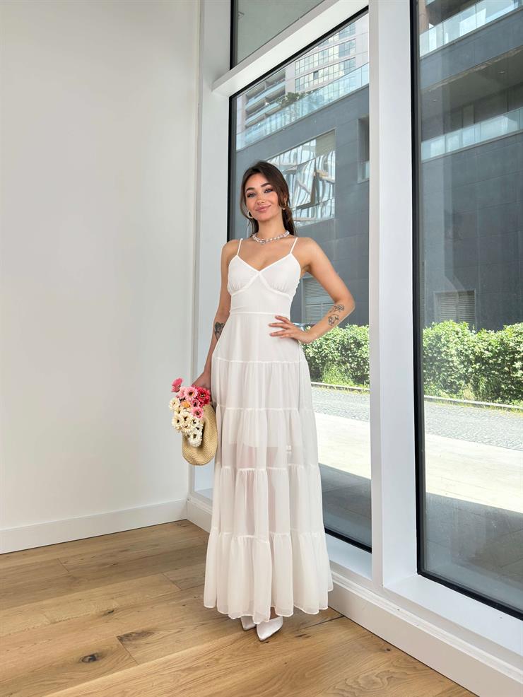 Ayarlanabilir Askılı V Yaka Eteği Tül Lura Kadın Beyaz Elbise 24Y602