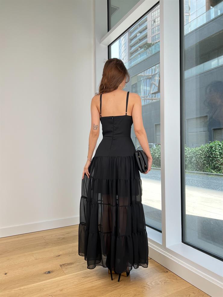 Ayarlanabilir Askılı V Yaka Eteği Tül Lura Kadın Siyah Elbise 24Y602