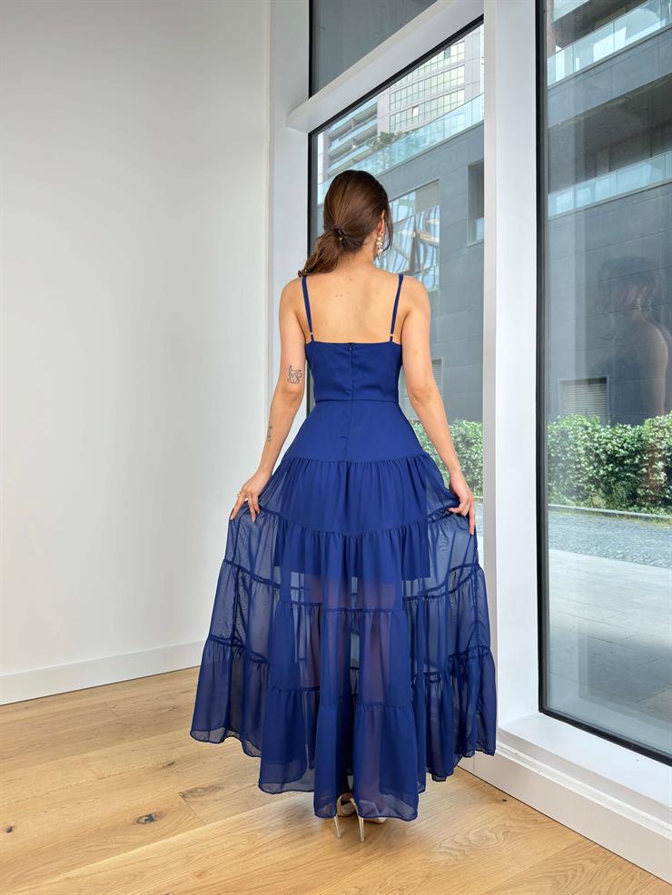 Ayarlanabilir Askılı V Yaka Eteği Tül Lura Kadın Saks Elbise 24Y602