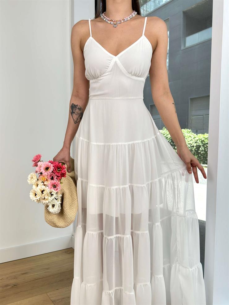 Ayarlanabilir Askılı V Yaka Eteği Tül Lura Kadın Beyaz Elbise 24Y602