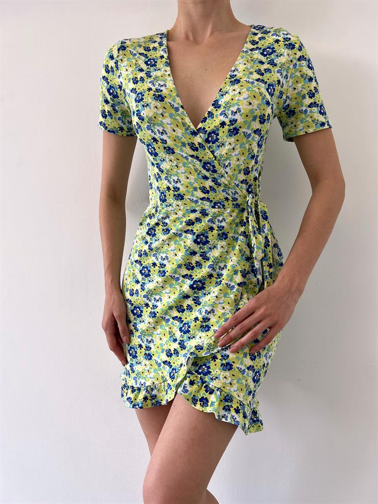 V Yaka Etek Ucu Fırfırlı Çiçekli  Lyana Kadın Fıstık Yeşili Mini Elbise 23Y000345