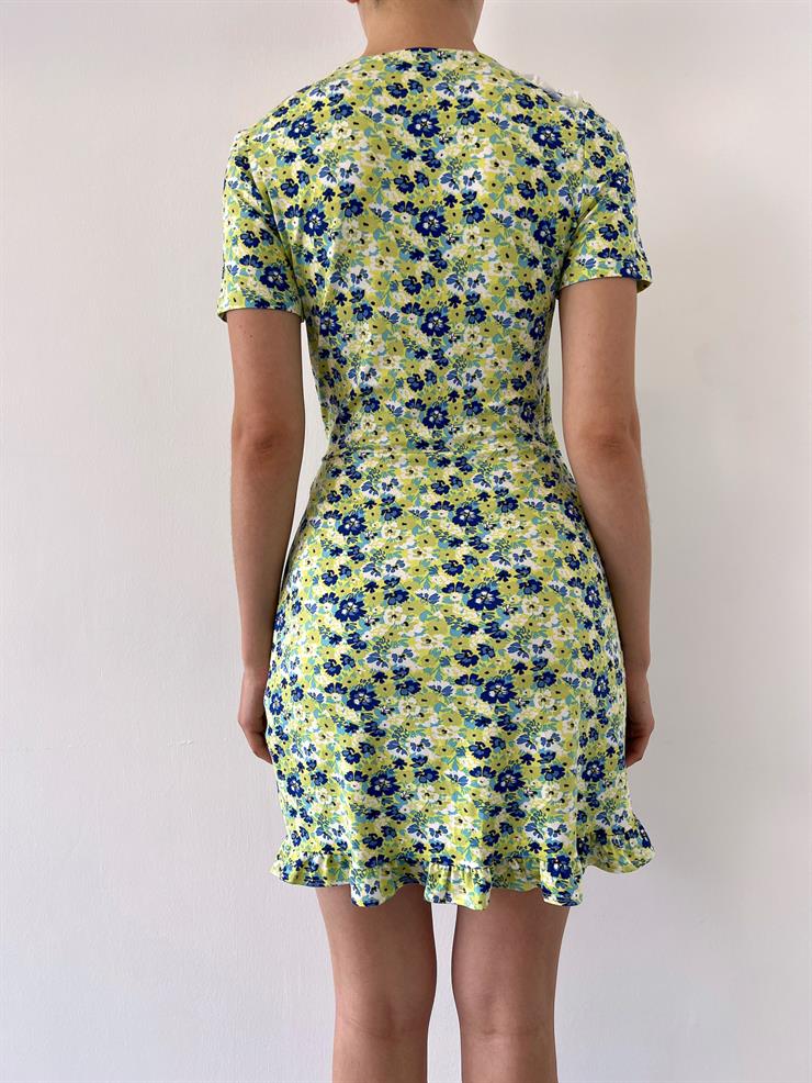 V Yaka Etek Ucu Fırfırlı Çiçekli  Lyana Kadın Fıstık Yeşili Mini Elbise 23Y000345