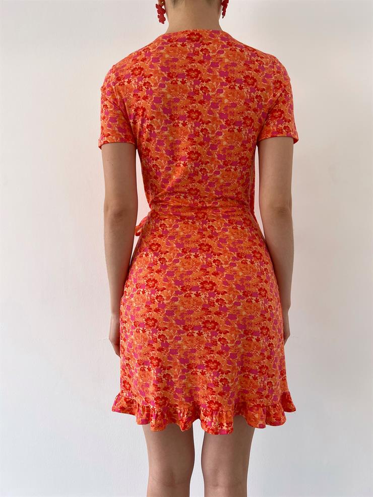 V Yaka Etek Ucu Fırfırlı Çiçekli  Lyana Kadın Turuncu Mini Elbise 23Y000345