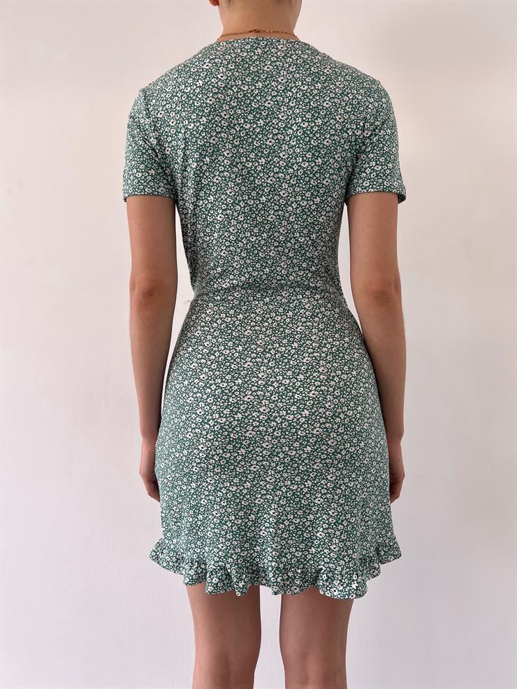 V Yaka Etek Ucu Fırfırlı Çiçekli  Lyana Kadın Yeşil Mini Elbise 23Y000345