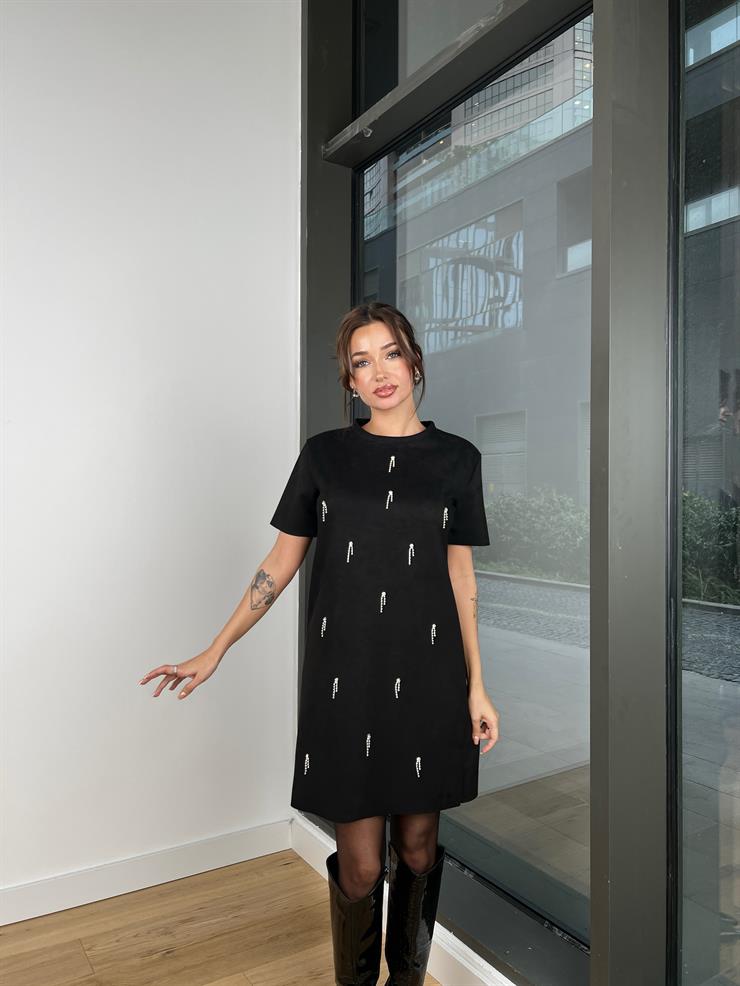 Bisiklet Yaka Kısa Kollu Taş Detaylı Lydia Kadın Siyah Mini Elbise 23Y642
