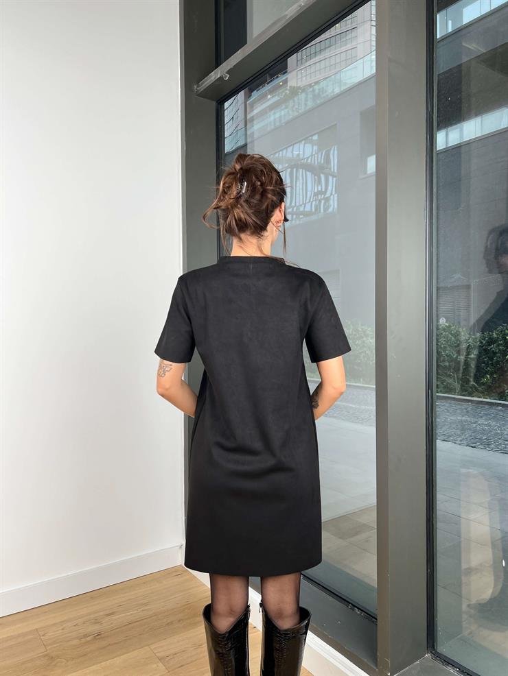 Bisiklet Yaka Kısa Kollu Taş Detaylı Lydia Kadın Siyah Mini Elbise 23Y642