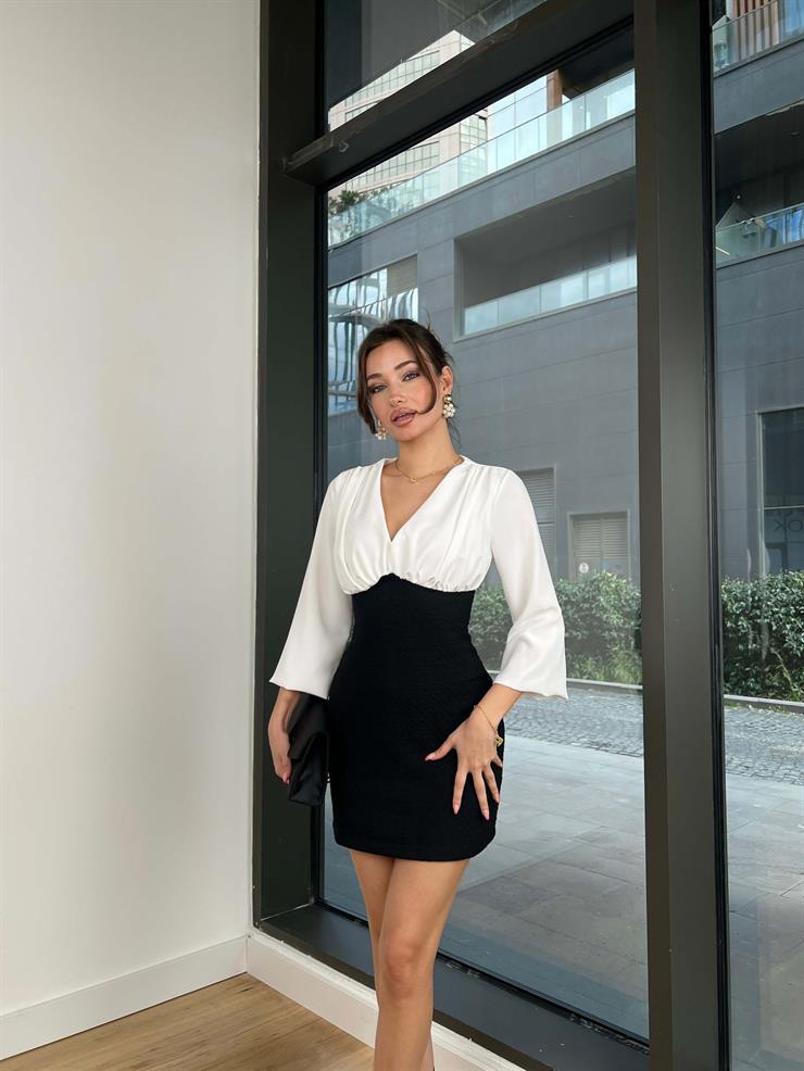 V Yaka Belden Oturtmalı Lynda Kadın Siyah Mini Elbise 24Y078