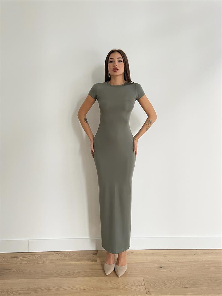 Bisiklet Yaka Kısa Kollu Madalena Kadın Haki Elbise 24k000042