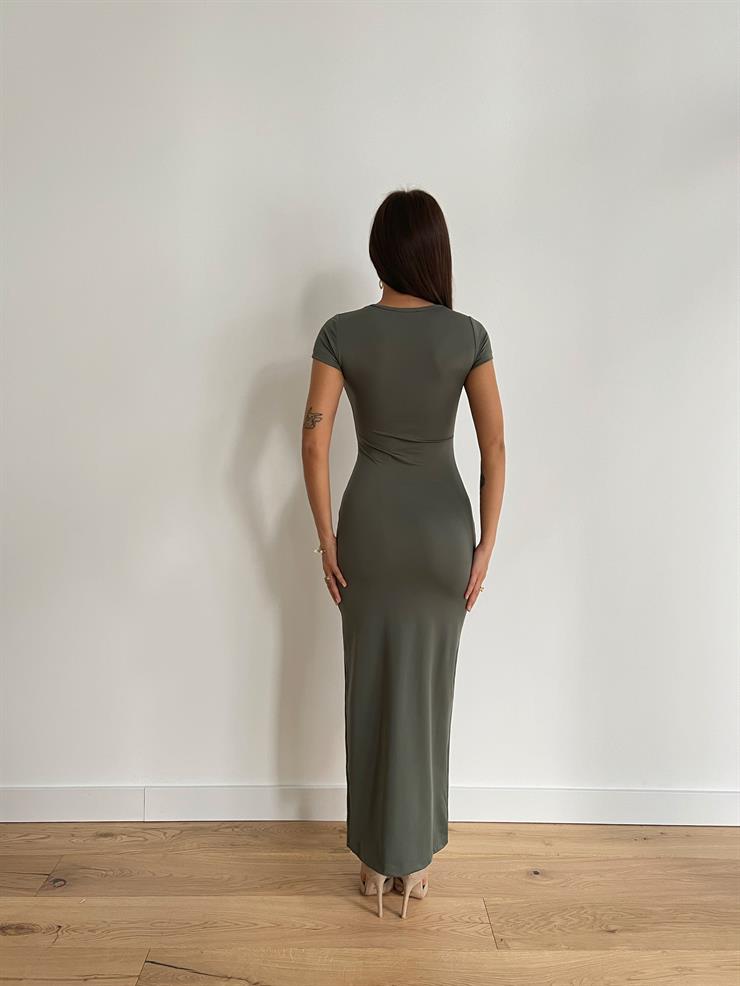 Bisiklet Yaka Kısa Kollu Madalena Kadın Haki Elbise 24k000042