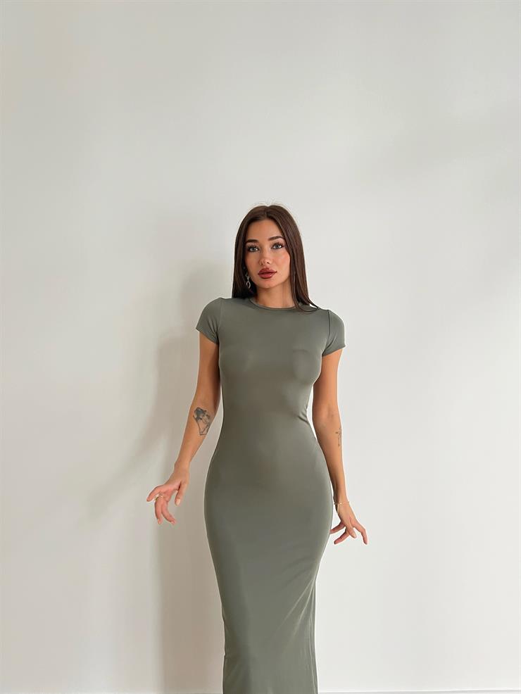 Bisiklet Yaka Kısa Kollu Madalena Kadın Haki Elbise 24k000042