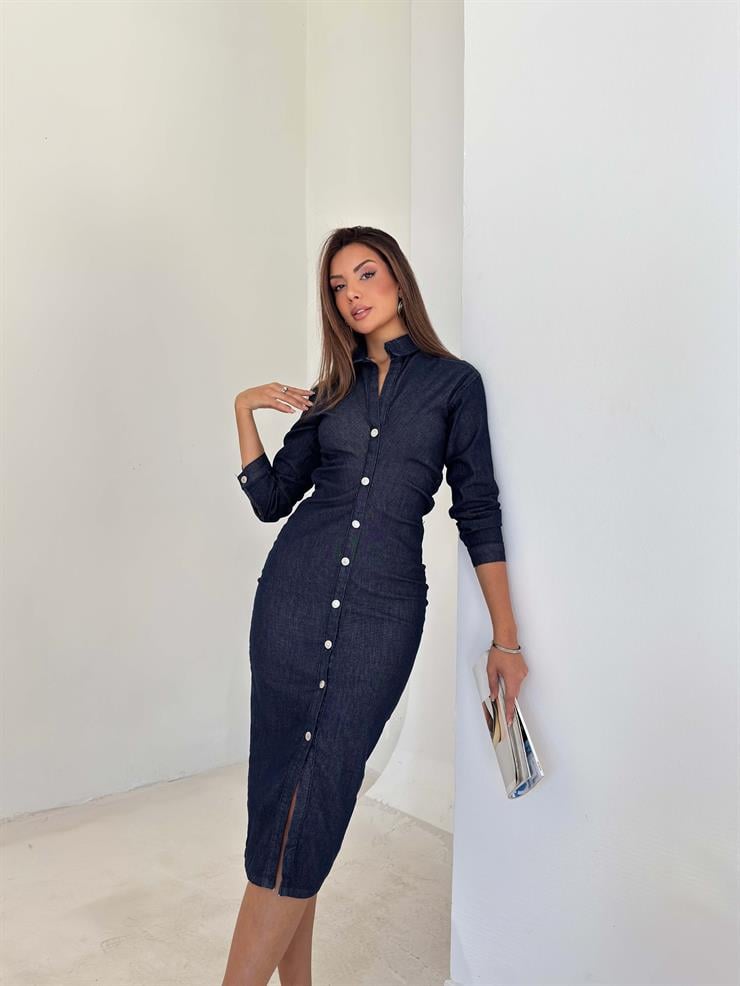 Önü Düğmeli Madil Lacivert Kadın Kot Elbise 26K110