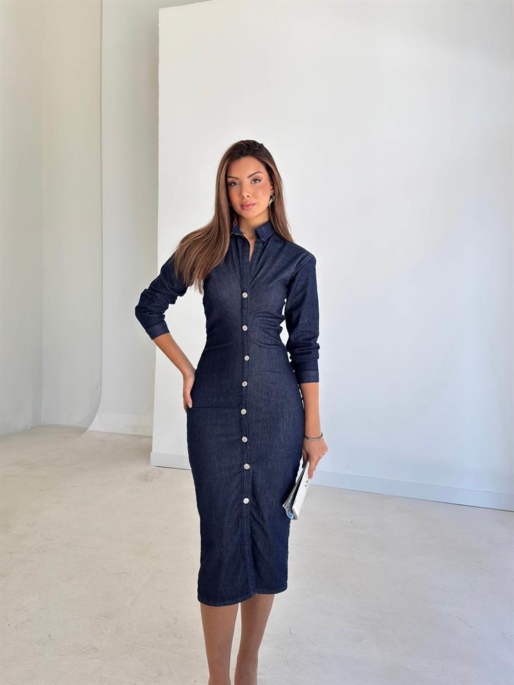 Önü Düğmeli Madil Lacivert Kadın Kot Elbise 26K110