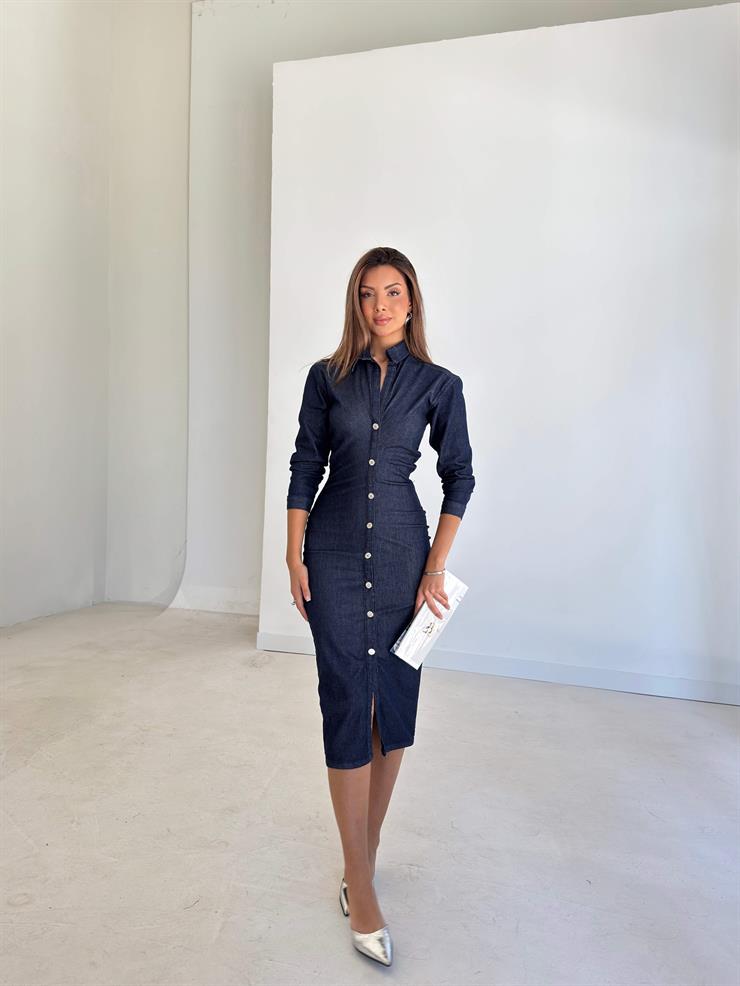 Önü Düğmeli Madil Lacivert Kadın Kot Elbise 26K110