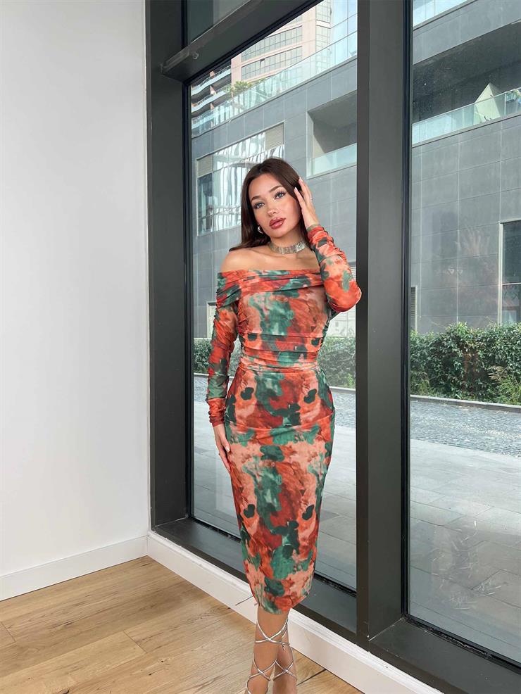 Madonna Yaka Drape Detaylı Wainer Kadın Renkli Desenli Elbise 24k292