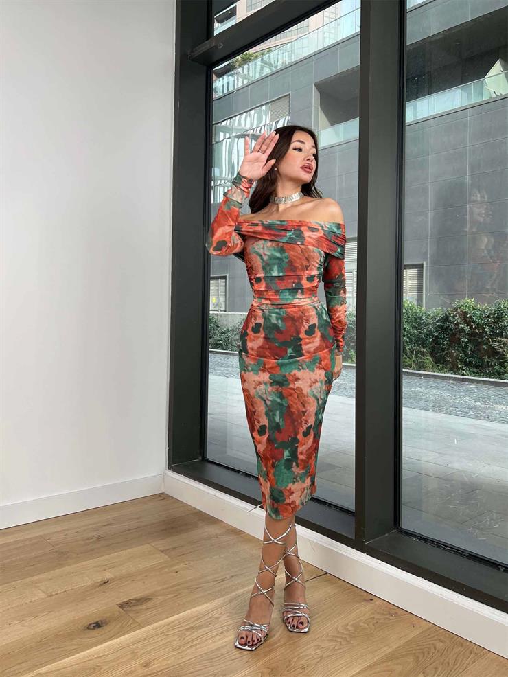 Madonna Yaka Drape Detaylı Wainer Kadın Renkli Desenli Elbise 24k292