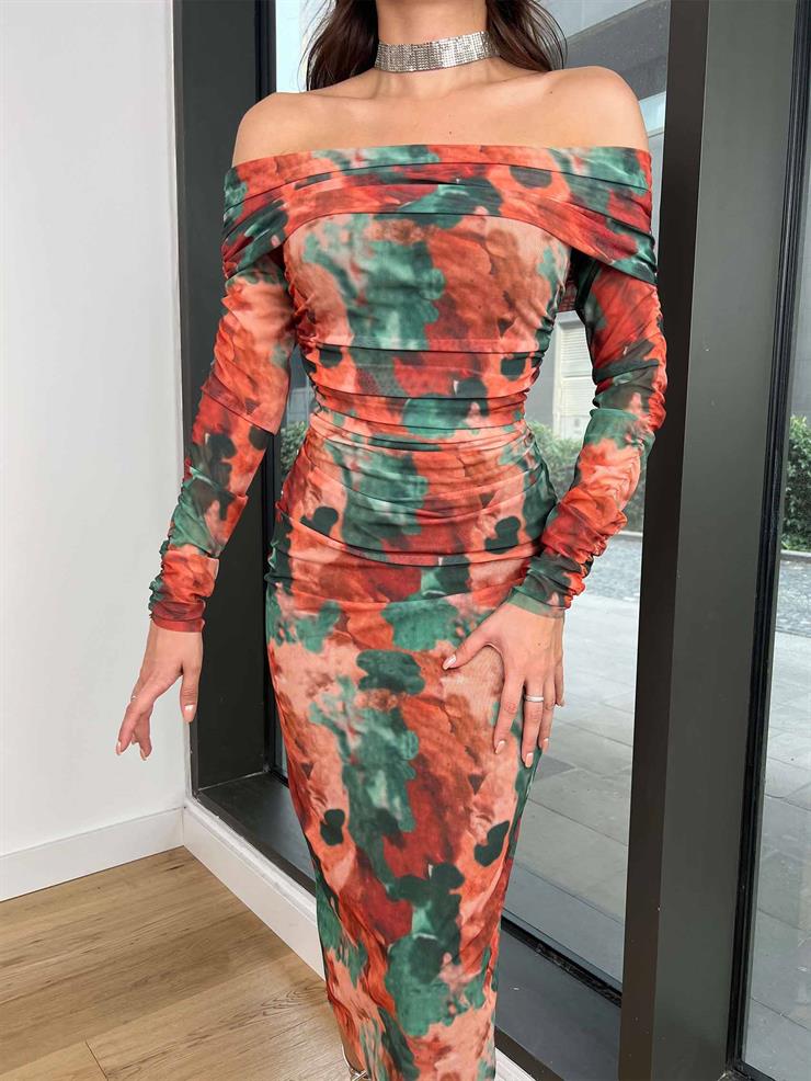 Madonna Yaka Drape Detaylı Wainer Kadın Renkli Desenli Elbise 24k292