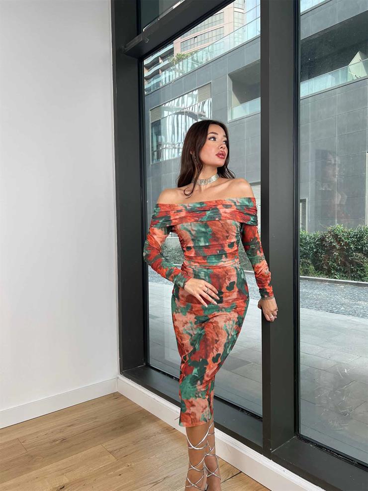 Madonna Yaka Drape Detaylı Wainer Kadın Renkli Desenli Elbise 24k292