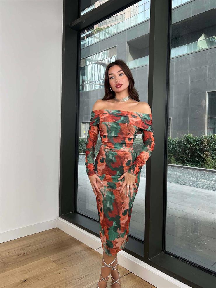 Madonna Yaka Drape Detaylı Wainer Kadın Renkli Desenli Elbise 24k292