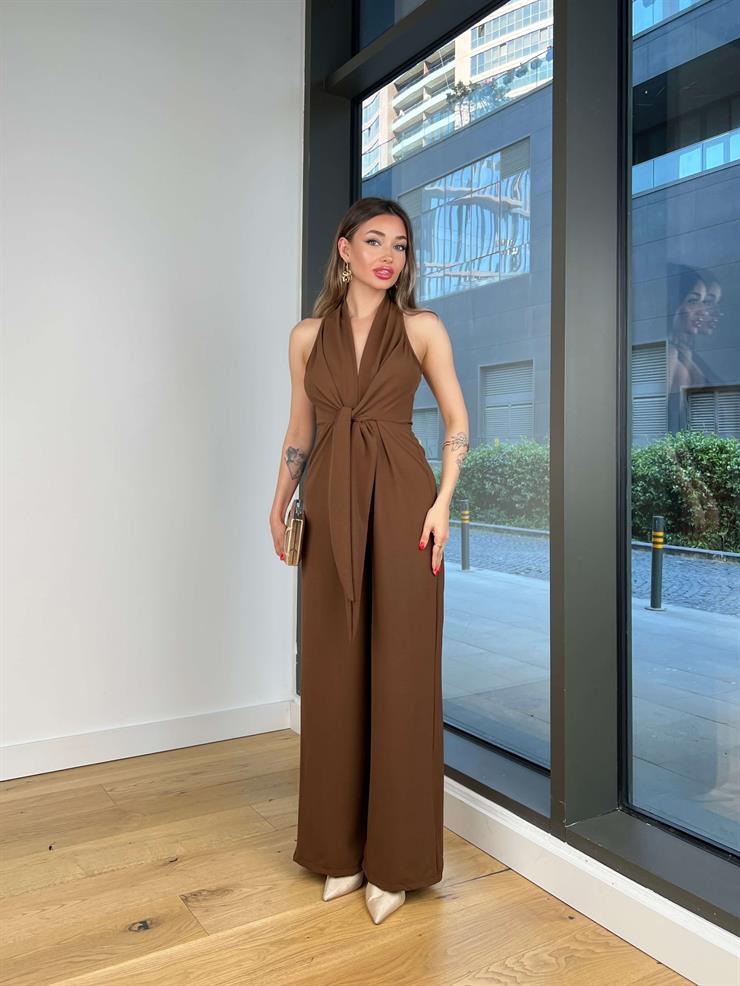 V Yaka Bağlama Detaylı Madox Kahve Kadın Bol Paça Tulum 25Y415