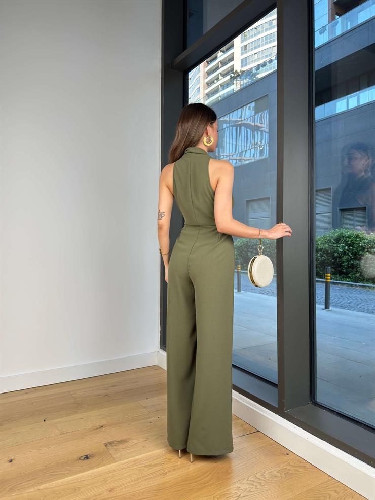 V Yaka Bağlama Detaylı Madox Haki Kadın Bol Paça Tulum 25Y415