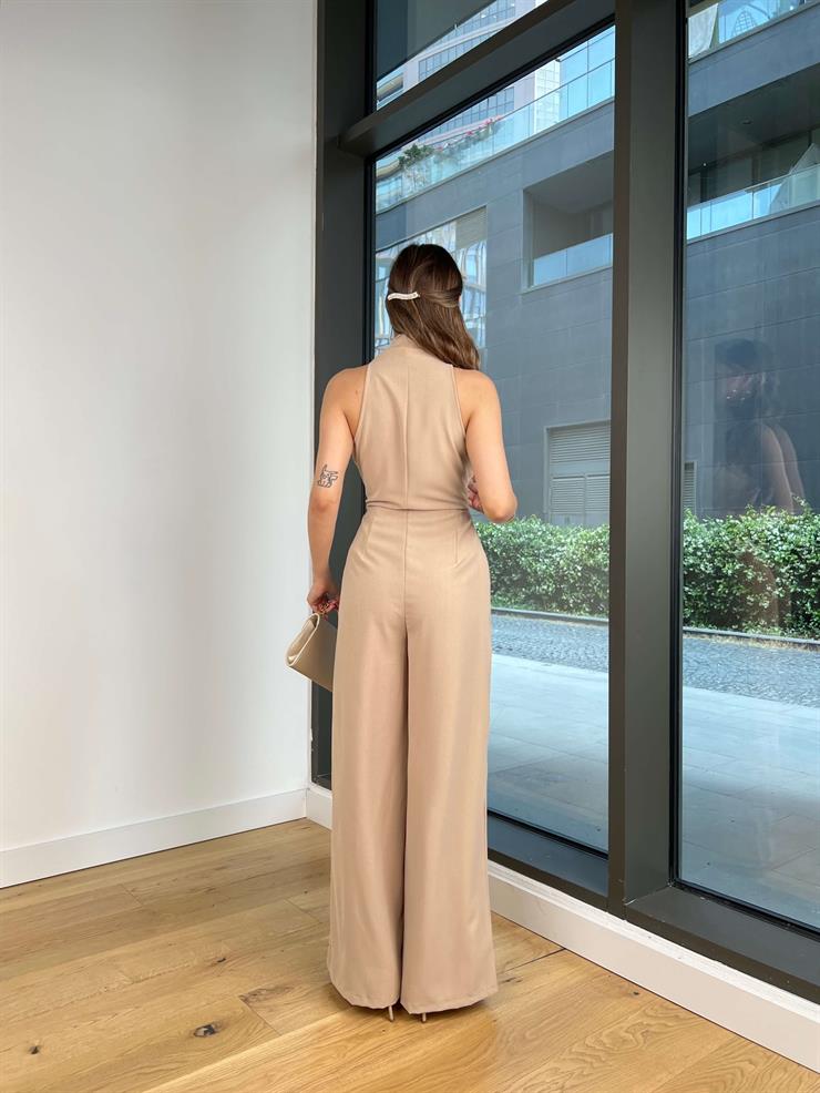 V Yaka Bağlama Detaylı Madox Vizon Kadın Bol Paça Tulum 25Y415