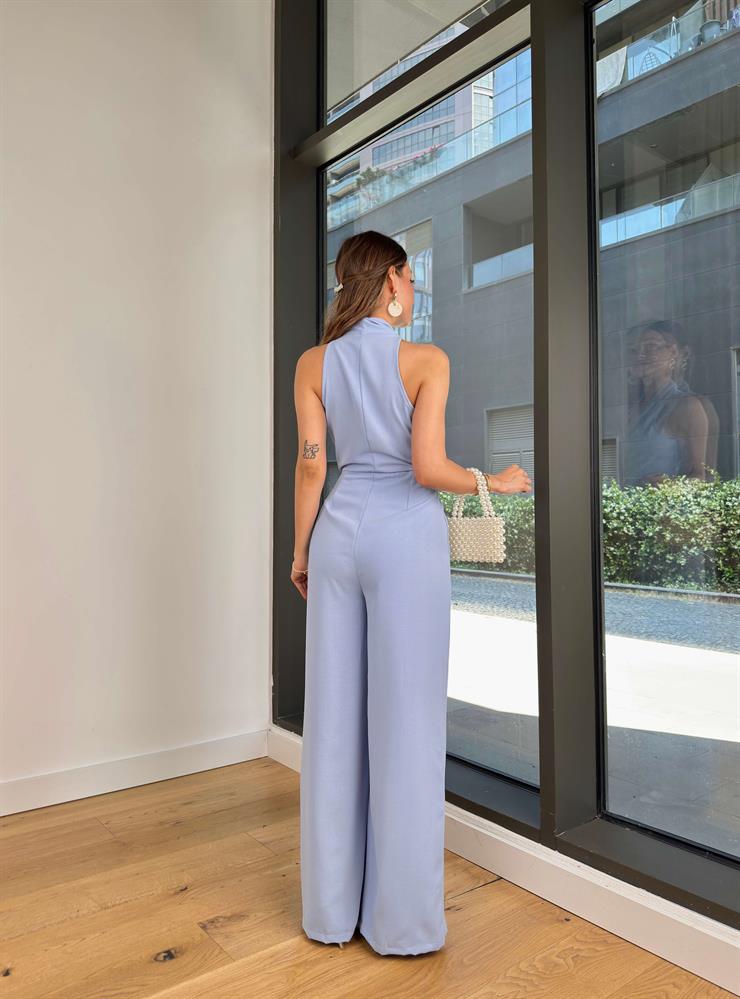 V Yaka Bağlama Detaylı Madox Mavi Kadın Bol Paça Tulum 25Y415